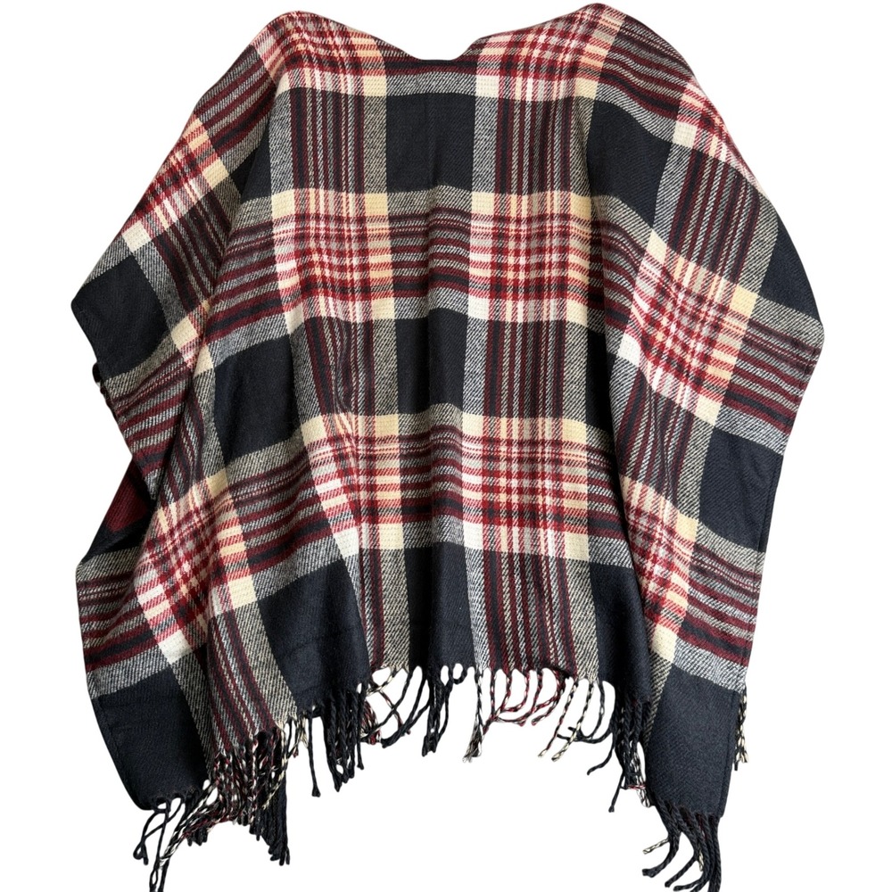 Jessica Simpson Plaid Poncho Navy Red Cream Fringe Wrap One Size NEW - Picture 7 of 9